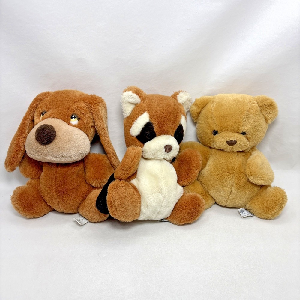 Russ Berrie Lot of 3 Plush Raccoon Dog Bear Puppets Vtg 80s Teacher Classroom